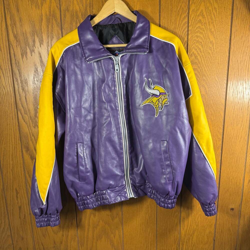 Vintage Minnesota Vikings Game Day NFL Faux Leather Jacket Size Medium
